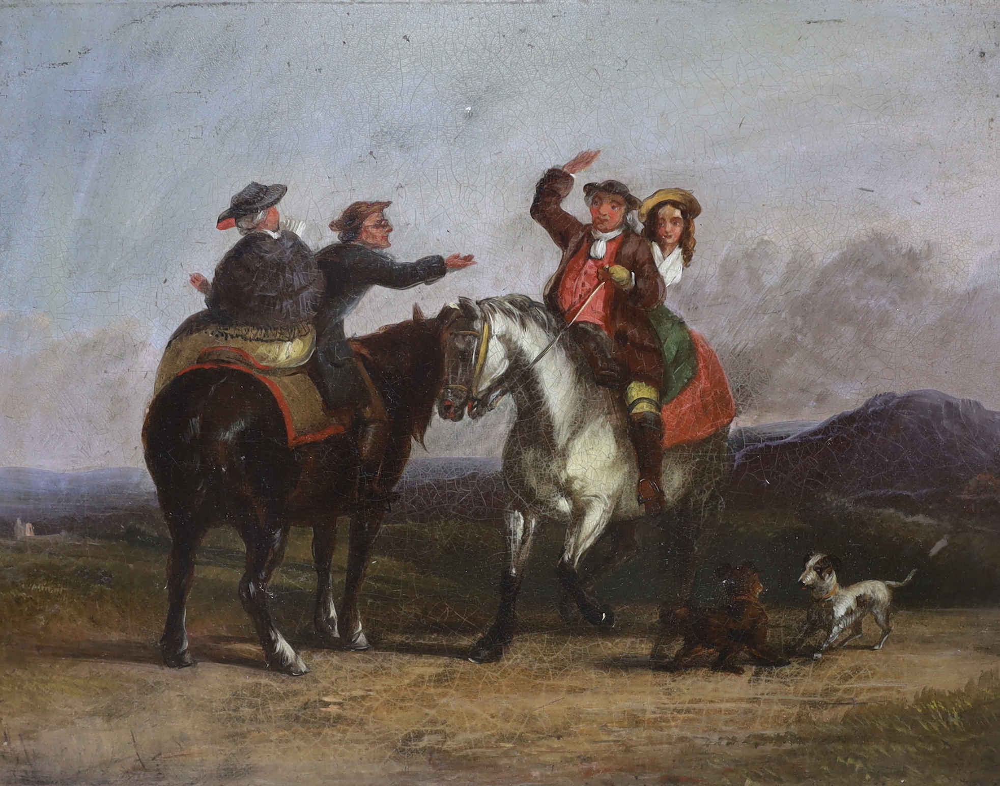 18th century style, oil on board, Figures on horseback before a landscape, indistinctly inscribed lower right, 22 x 29cm